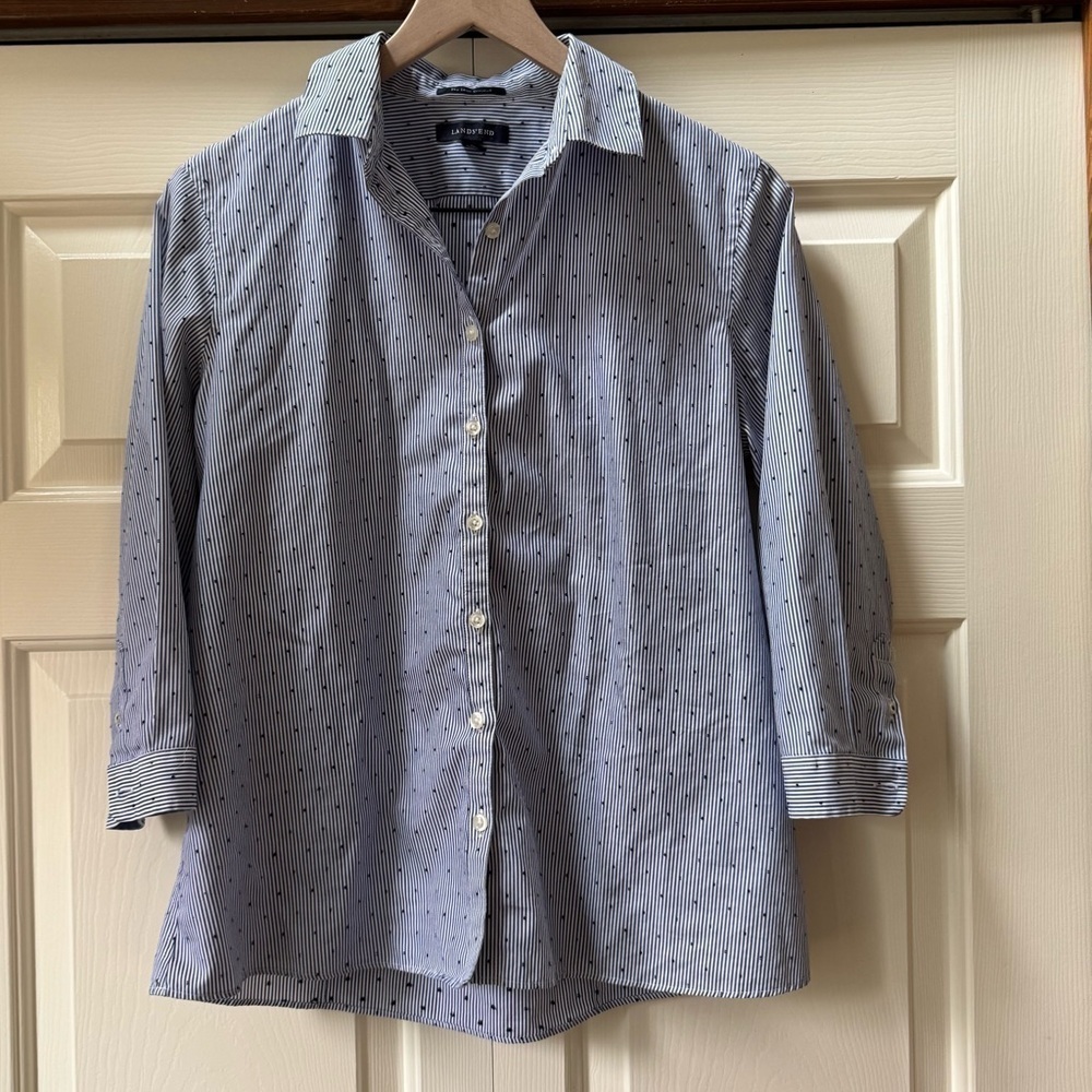 Lands End No Iron Supima Cotton 3/4 sleeve polka dot button up blouse size 8